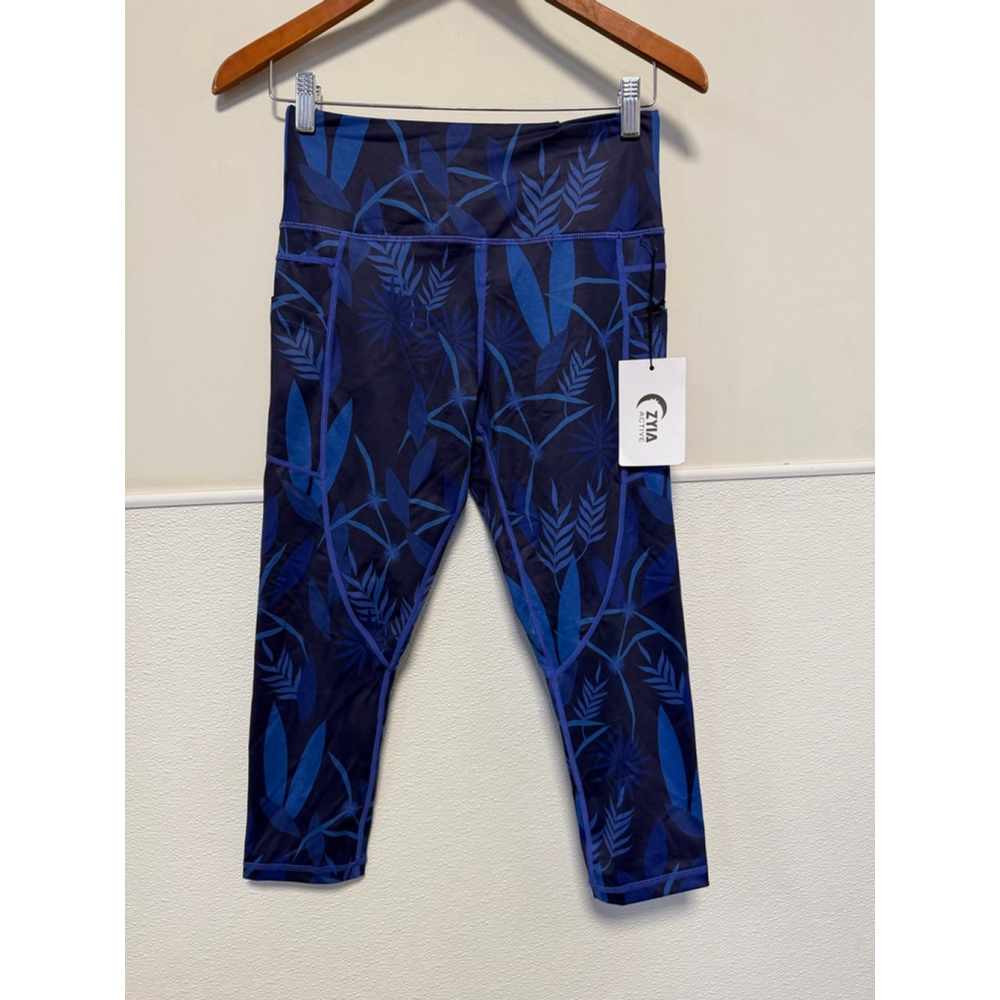 Women's ZYIA ACTIVE Blue Navy Tropical Print Hi-Rise Capri Leggings SZ 6-8 New - Picture 10 of 16